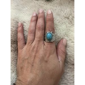 Oval Turquoise And Silver Costume Western Ring Sz 8